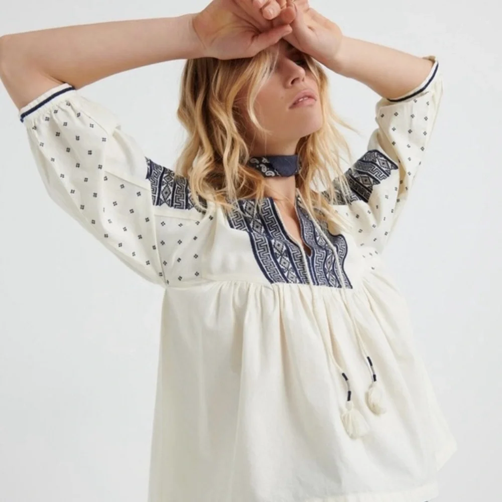 SOLD IN STORE Lucky Brand Embroidered Peasant Blouse Size Large - Picture 1 of 11